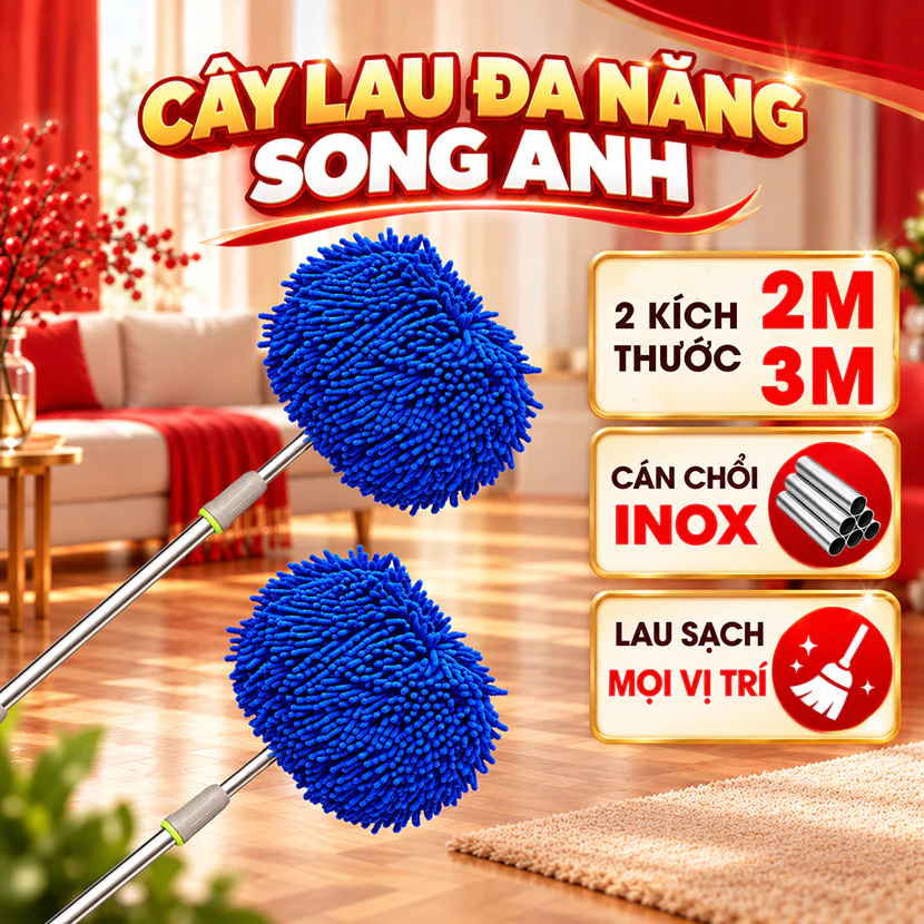 Cây Lau Nhà Đa Năng Song Anh Cán Inox Dài 2m,3m, Chổi Lau Trần Nhà,Lau Kính,Rửa Xe Ô Tô,Đầu Lau Dày Mịn