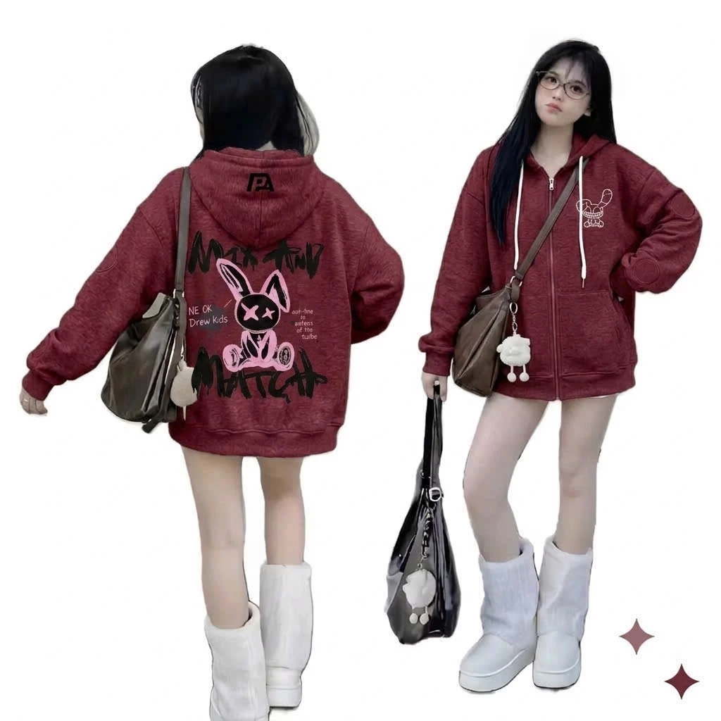 Áo Khoác Nam Nữ Mùa Thu Unisex HOODIES ZIP In Thỏ Hồng MATCH Màu Đỏ Form BOXY  BASIC Vải Mịn Dày