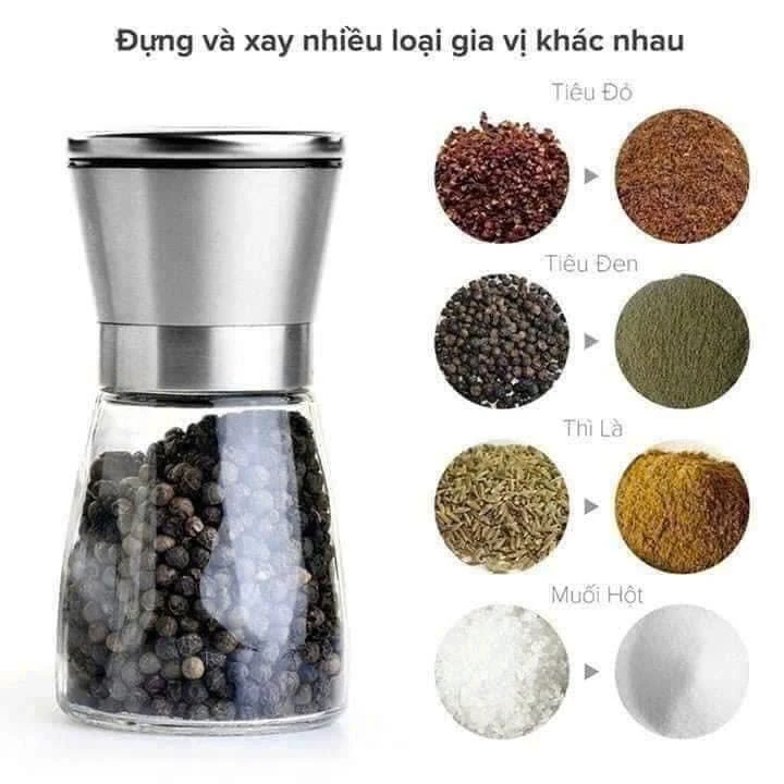 [HCM] Dụng Cụ Xay Tiêu Cầm Tay Lọ Đựng Tiêu Gia Vị 2in1 Chất Liệu Thủy Tinh Sang Trọng