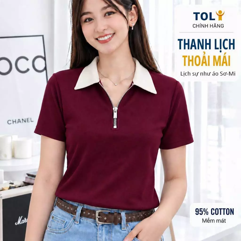 Áo Polo Nữ Cổ Khóa Kéo TOLI PLX24 – Bản Cổ Rộng Thanh Lịch, Form Suông Gọn Dáng