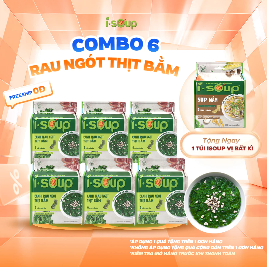 [MUA 6 TẶNG 1 TÚI SÚP NẤM] Combo 6 Túi Canh Rau Ngót Thịt Bằm Ăn Liền ISoup Sấy Thăng Hoa