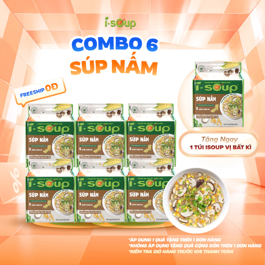 [MUA 6 TẶNG 1 TÚI SÚP NẤM] Combo 6 Túi Canh Súp Nấm Ăn Liền ISoup Sấy Thăng Hoa