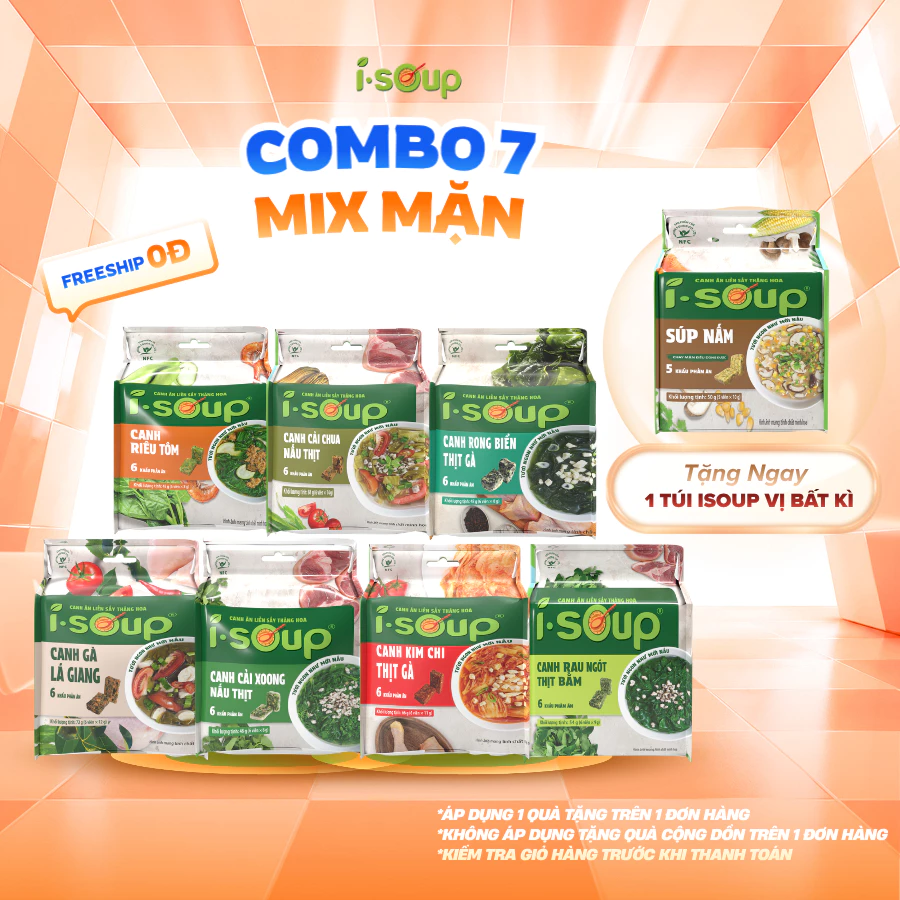 [MUA 7 TẶNG 1 TÚI SÚP NẤM] Combo 7 Túi Canh Mặn mix vị ăn liền sấy thăng hoa ISOUP ngon nhanh tiện lợi - 5 Viên/Túi
