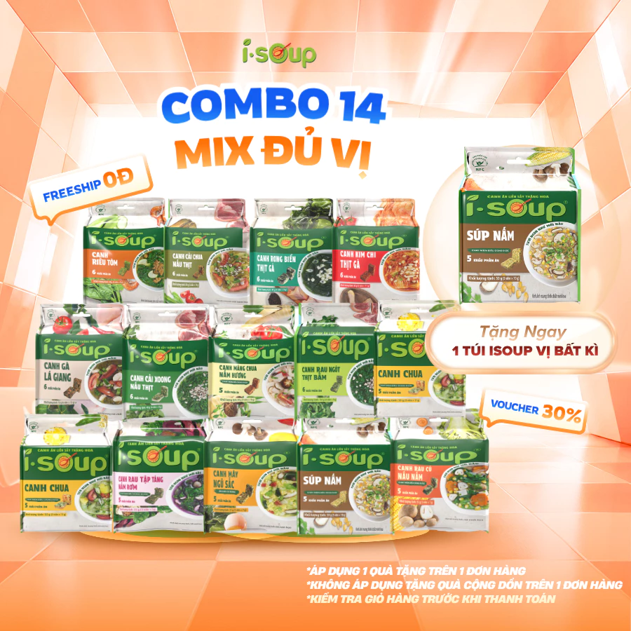 Combo 14 túi canh Mix đủ vị ăn liền Sấy Thăng Hoa ISOUP