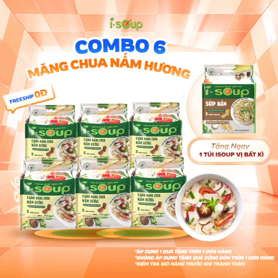 [MUA 6 TẶNG 1 TÚI SÚP NẤM] Combo 6 Túi Canh Măng Chua Nấm Hương Ăn Liền ISoup Sấy Thăng Hoa