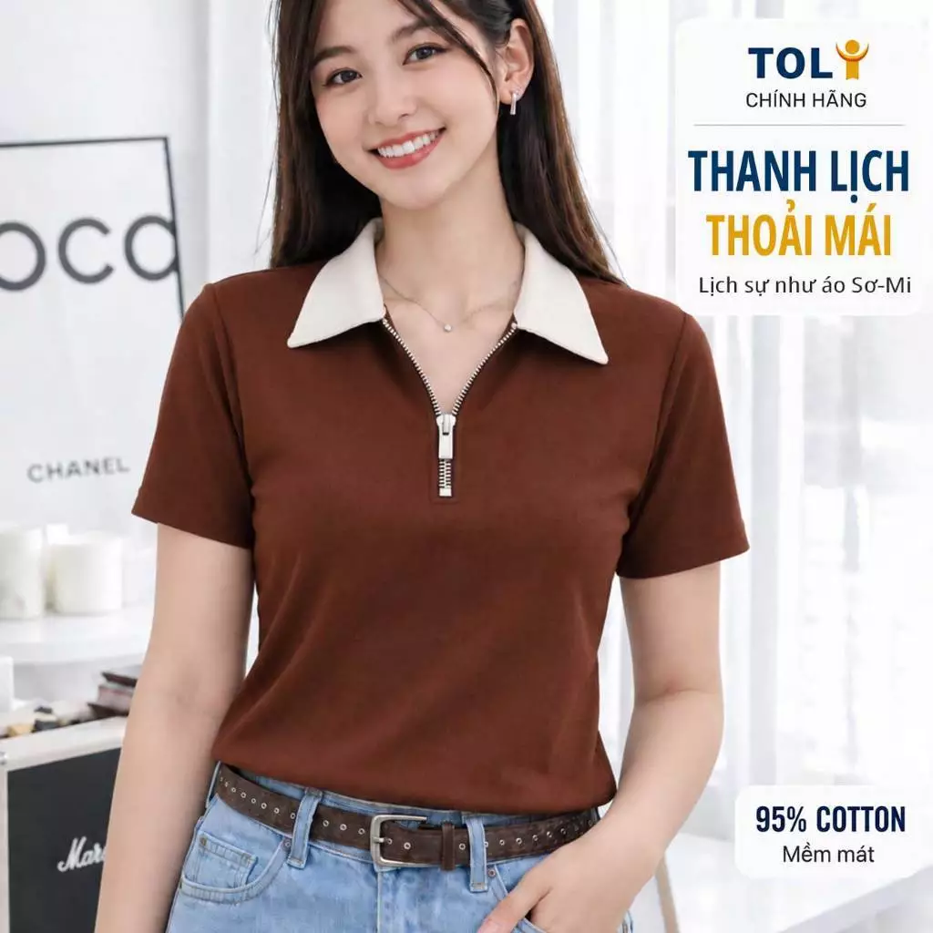 Áo Polo Nữ Cổ Khóa Kéo TOLI PLX29 – Bản Cổ Rộng Thanh Lịch, Form Suông Gọn Dáng