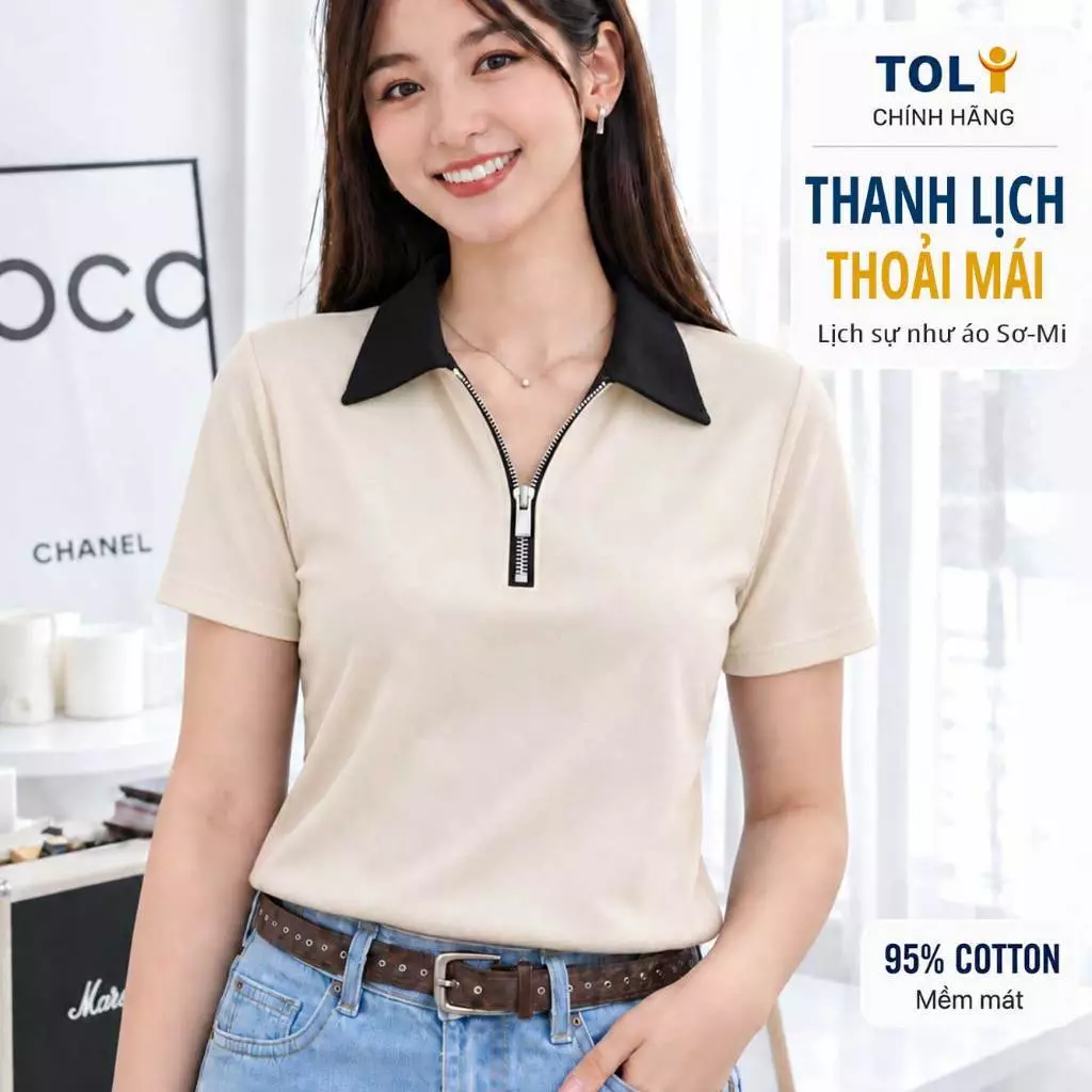 Áo Polo Nữ Cổ Khóa Kéo TOLI PLX35 – Bản Cổ Rộng Thanh Lịch, Form Suông Gọn Dáng