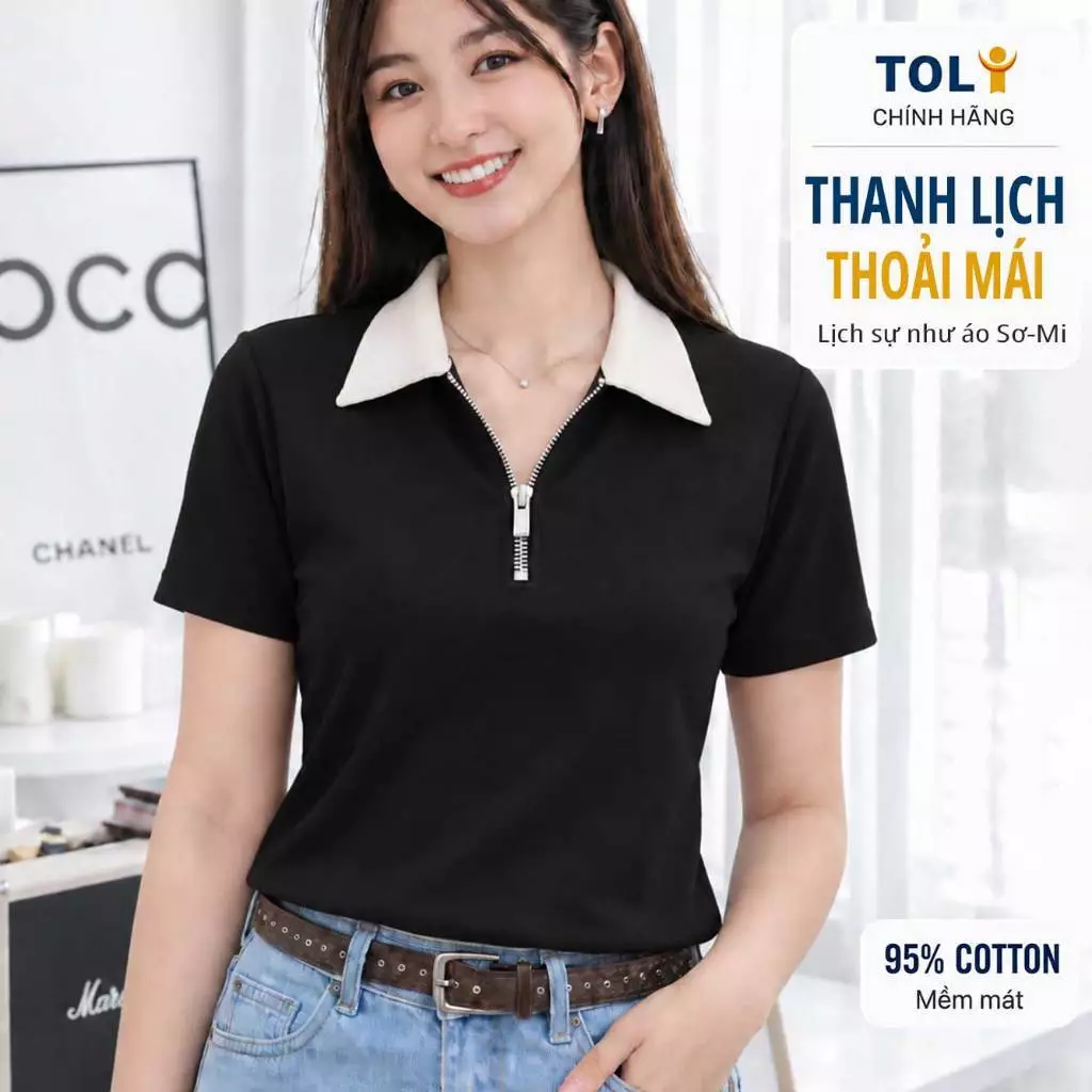 Áo Polo Nữ Cổ Khóa Kéo TOLI PLX11 – Bản Cổ Rộng Thanh Lịch, Form Suông Gọn Dáng