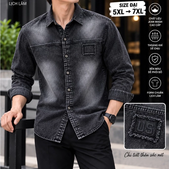 Sơ mi nam Jean Wash size đại 5XL đến 7XL tay ngắn tay dài màu đen xám xanh