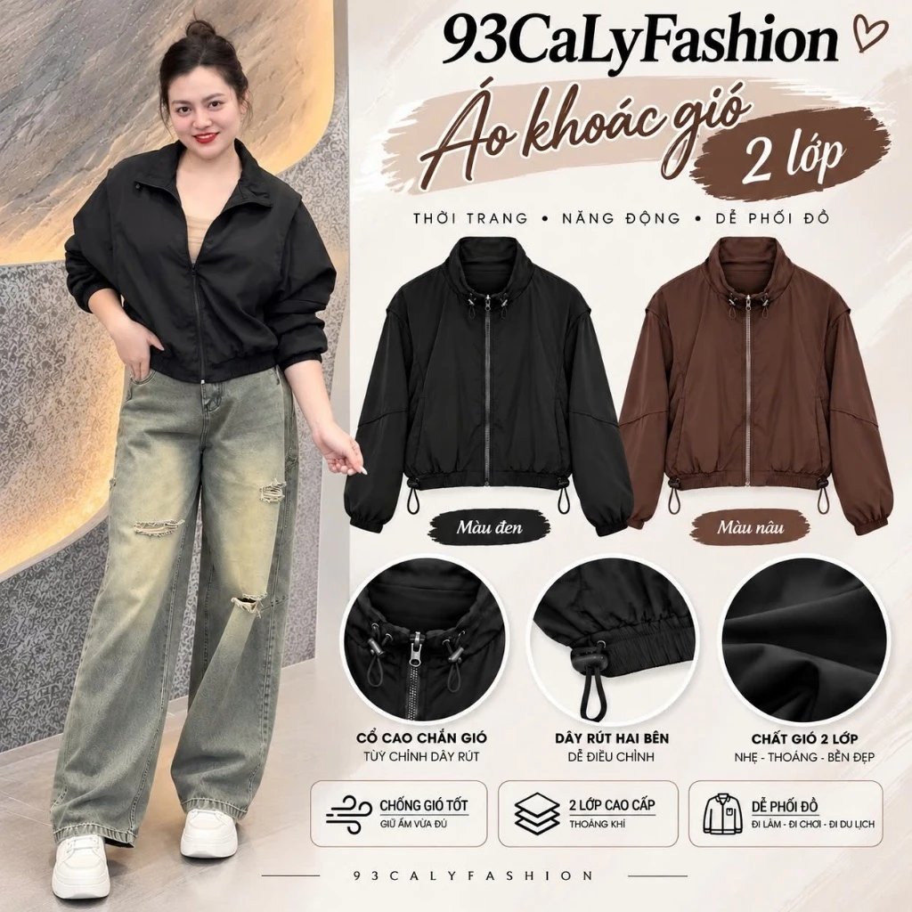 390 BIGGSIZE Áo khoác gió nữ dáng vừa không mũ phối dây rút cao cấp