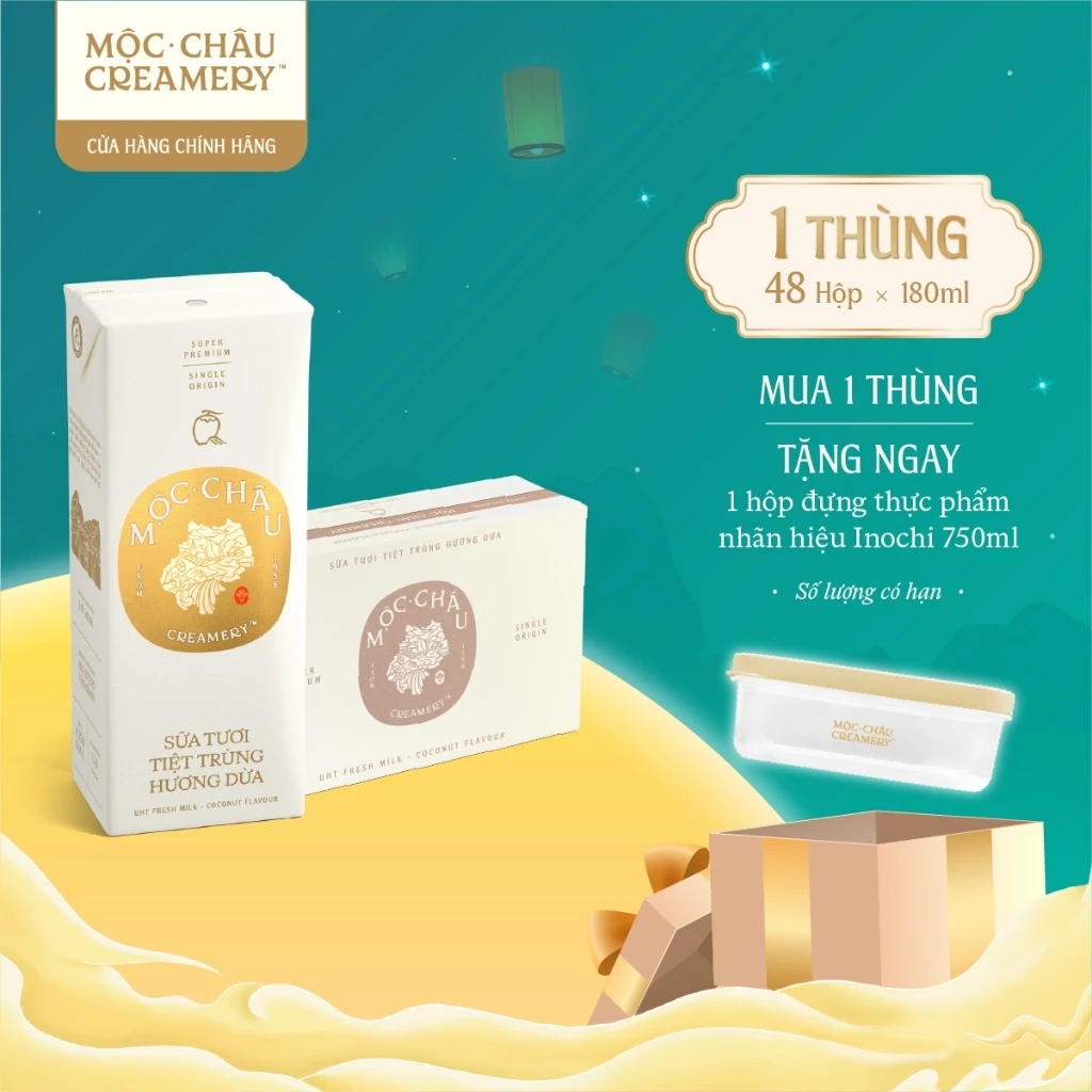Thùng 48 Hộp Sữa Tươi Tiệt Trùng Mộc Châu Creamery Hương Dừa 180ml