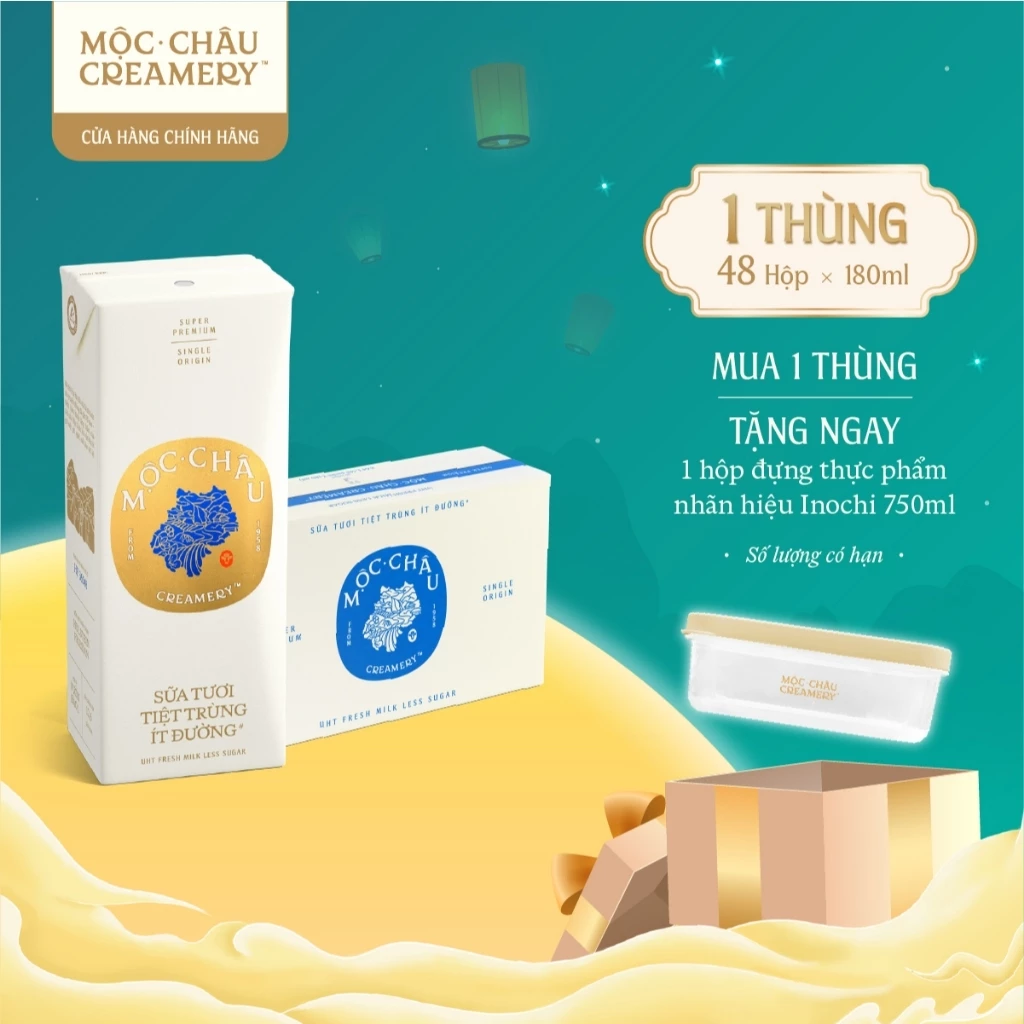 Thùng 48 Hộp Sữa Tươi Tiệt Trùng Mộc Châu Creamery Ít Đường 180ml