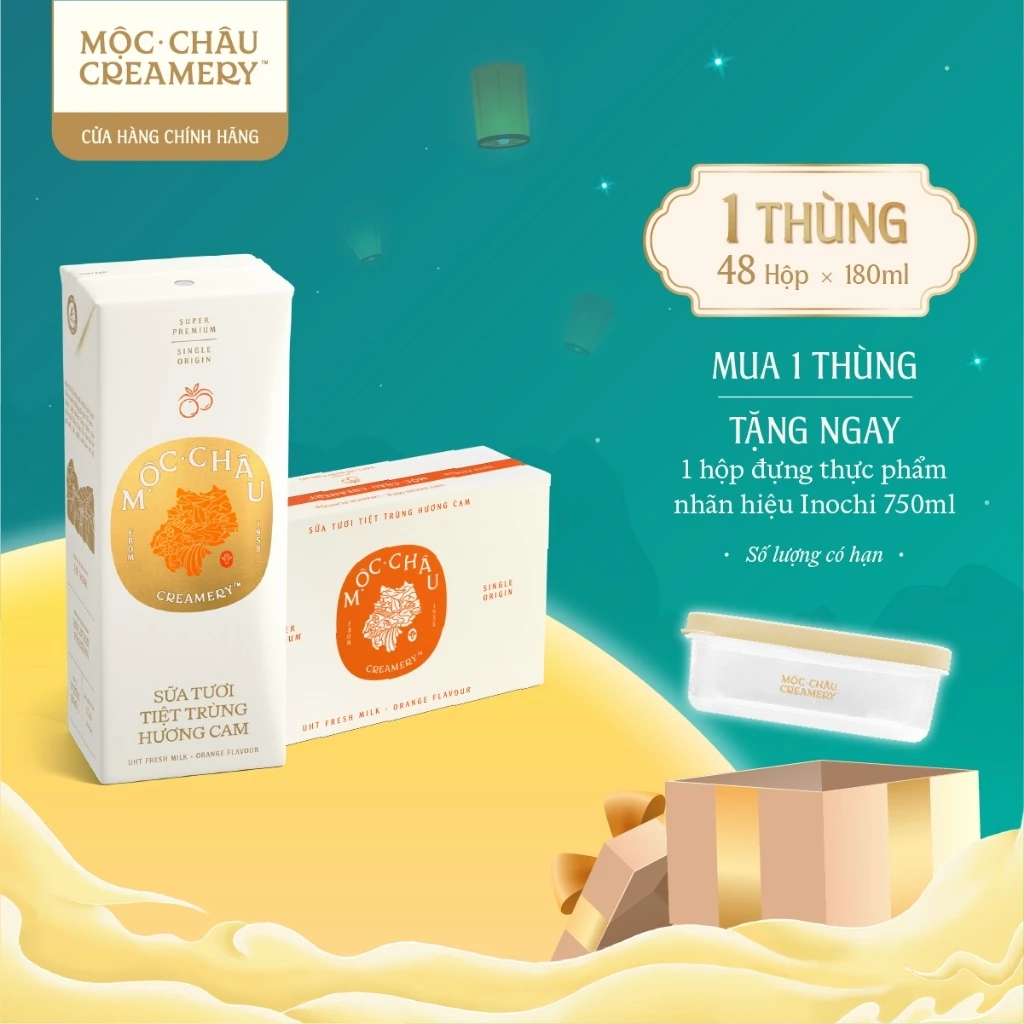 Thùng 48 Hộp Sữa Tươi Tiệt Trùng Mộc Châu Creamery Hương Cam 180ml
