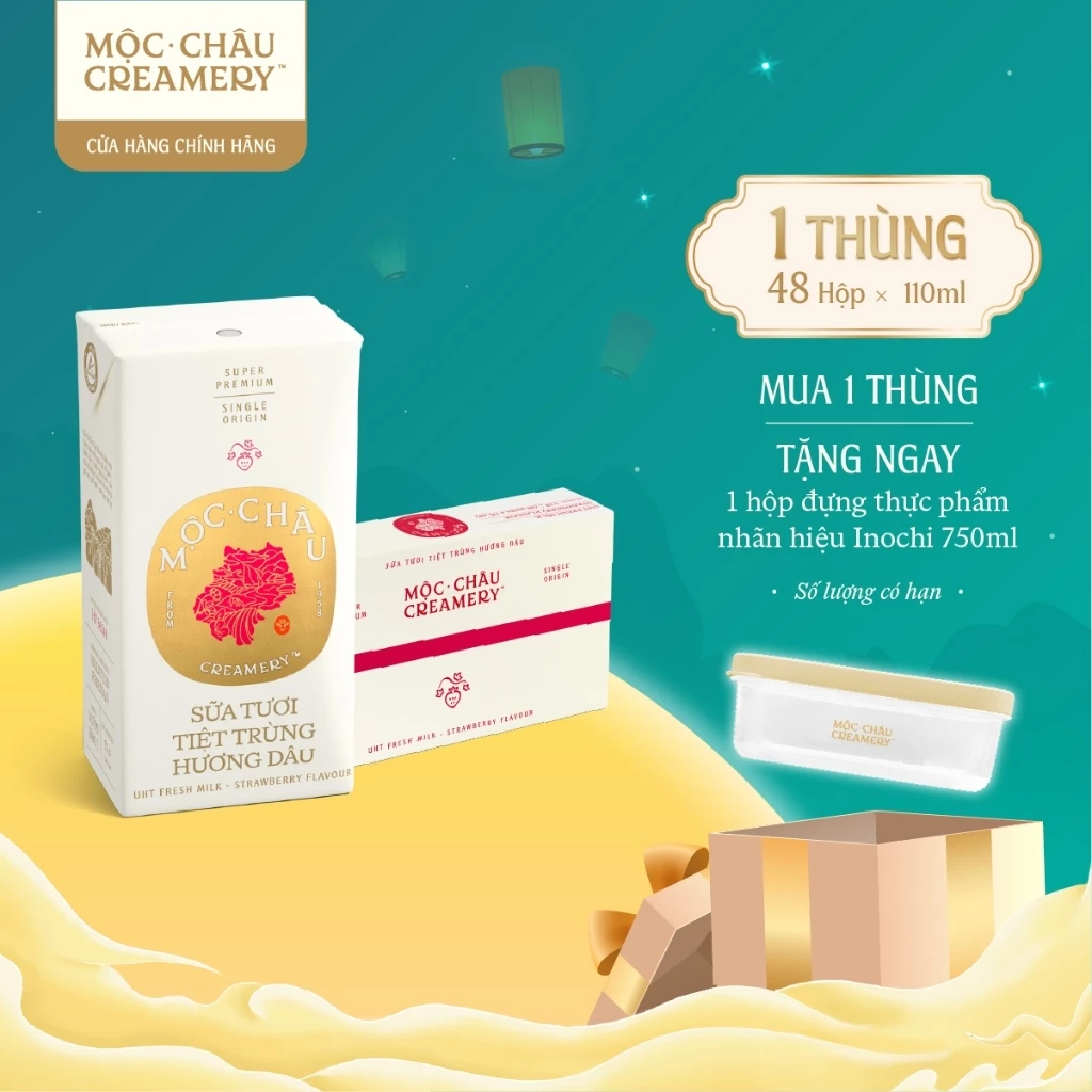Thùng 48 Hộp Sữa Tươi Tiệt Trùng Mộc Châu Creamery Hương Dâu 110ml