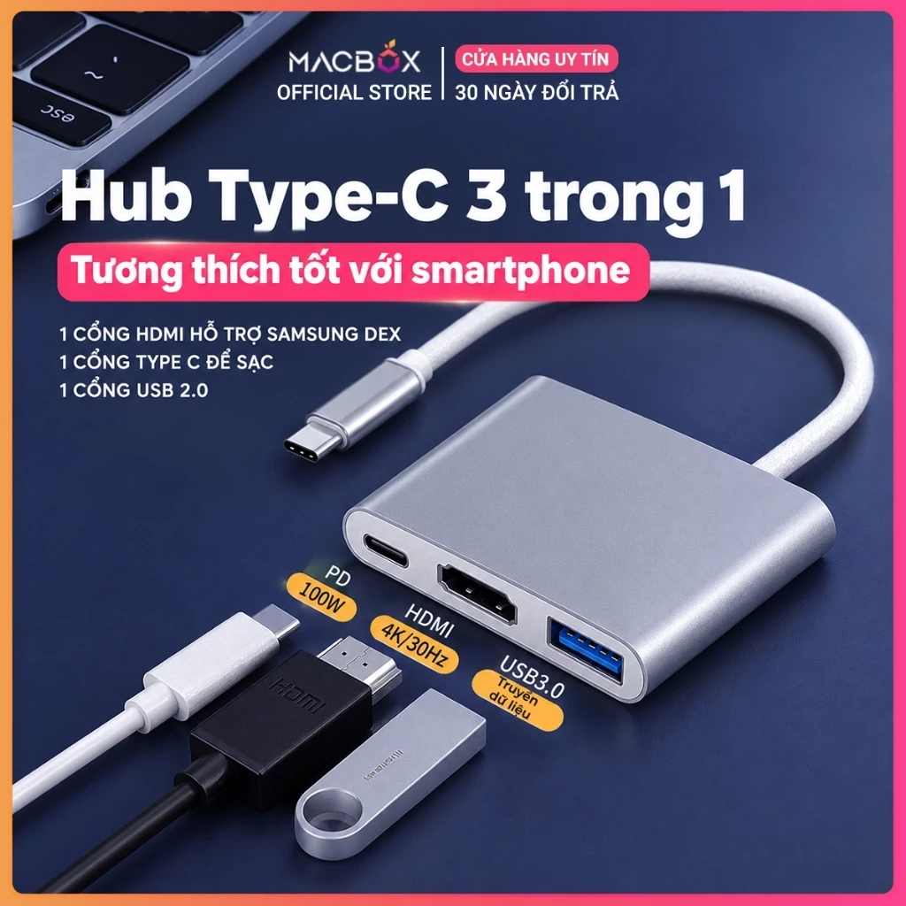 Hub Type C 3in1 - Cổng chuyển đổi HUB USB Type-C to HDMI, USB 3.0, PD Type-C cho Laptop, Điện thoại, Samsung Dex