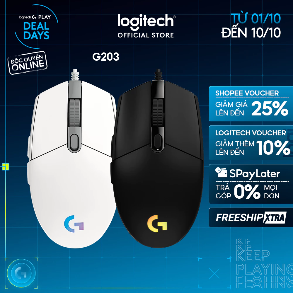 Chuột gaming có dây Logitech G203 Lightsync - Tùy chỉnh RGB, 6 nút lập trình, nhẹ