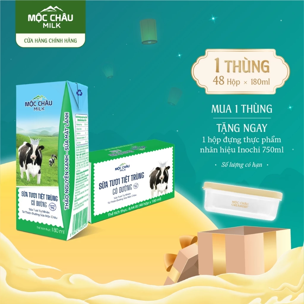 Thùng 48 Hộp 180ml Sữa Tươi Tiệt Trùng Có Đường Mộc Châu Milk