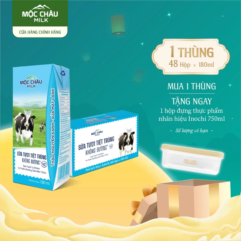 Thùng 48 Hộp 180ml Sữa Tươi Tiệt Trùng Không Đường Mộc Châu Milk