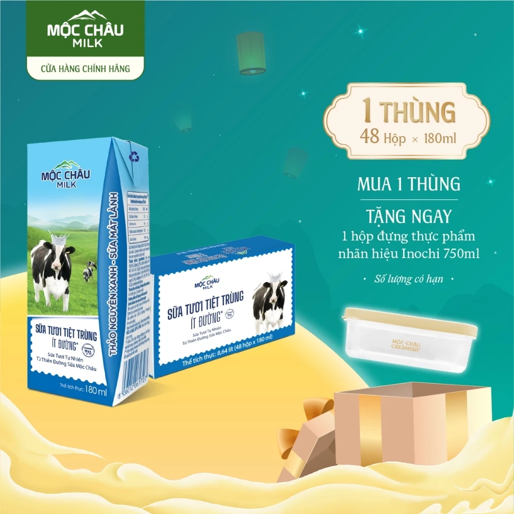 Thùng 48 Hộp 180ml Sữa Tươi Tiệt Trùng Ít Đường Mộc Châu Milk (48 hộp*180ml)