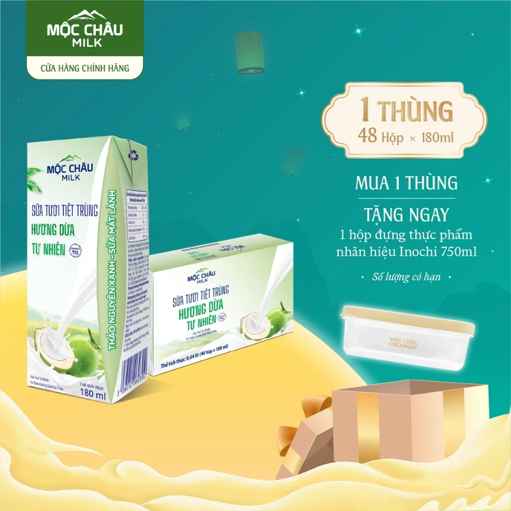 Thùng 48 Hộp 180ml Sữa Tươi Tiệt Trùng Hương Dừa Mộc Châu Milk