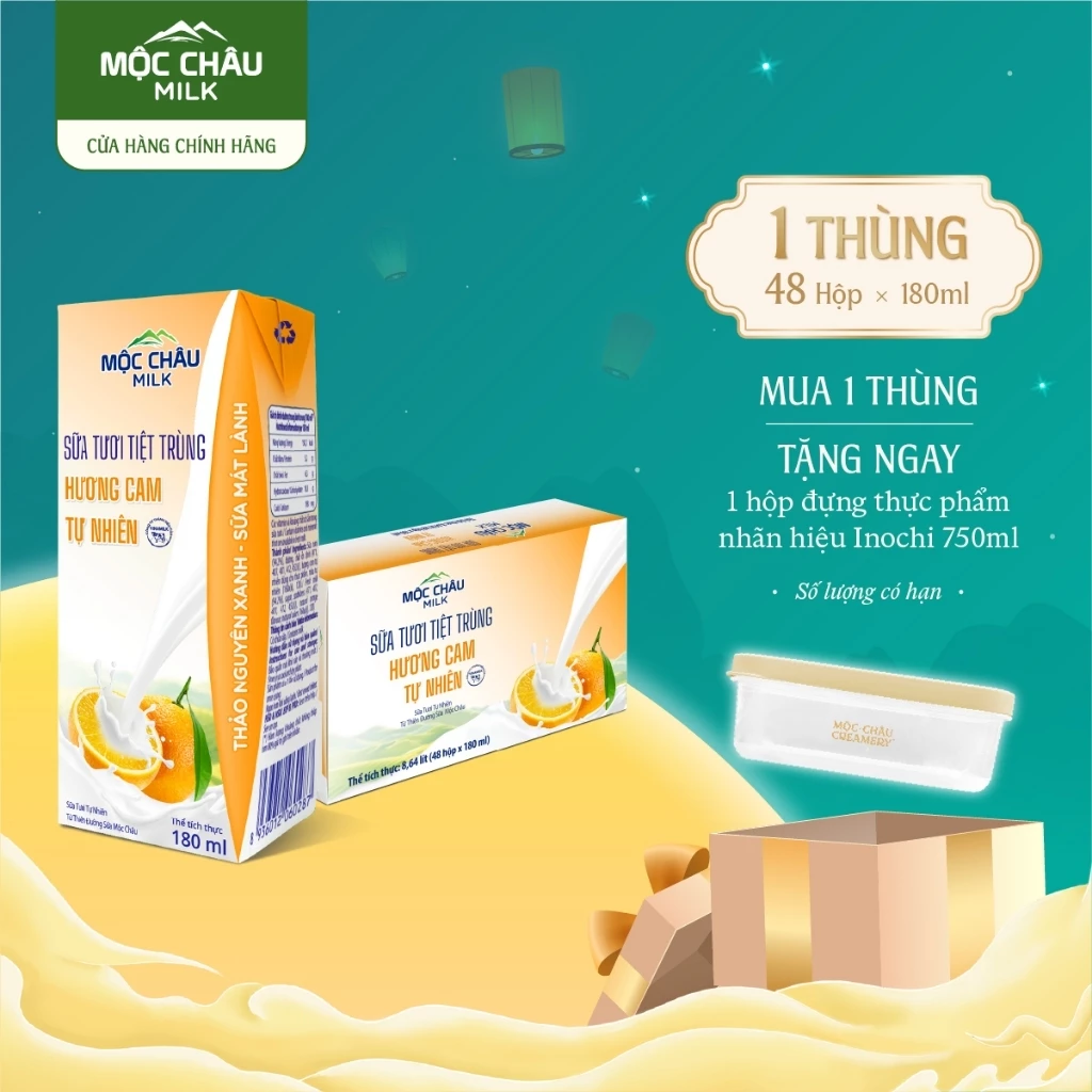 Thùng 48 Hộp 180ml Sữa Tươi Tiệt Trùng Hương Cam Mộc Châu Milk