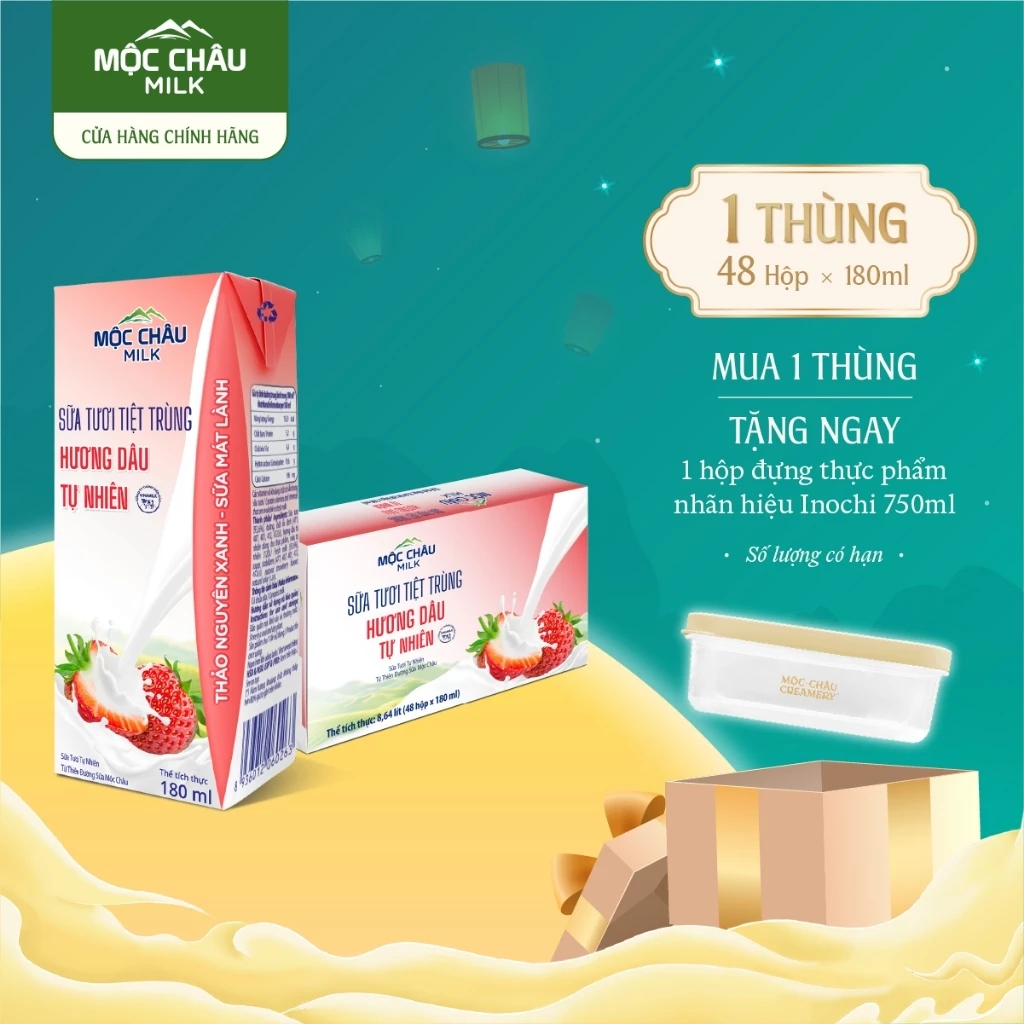 Thùng 48 Hộp 180ml Sữa Tươi Tiệt Trùng Hương Dâu Mộc Châu Milk