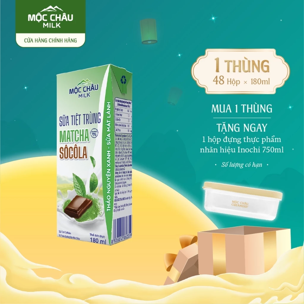 Thùng 48 hộp 180ml Sữa TT Matcha Socola Mộc Châu Milk