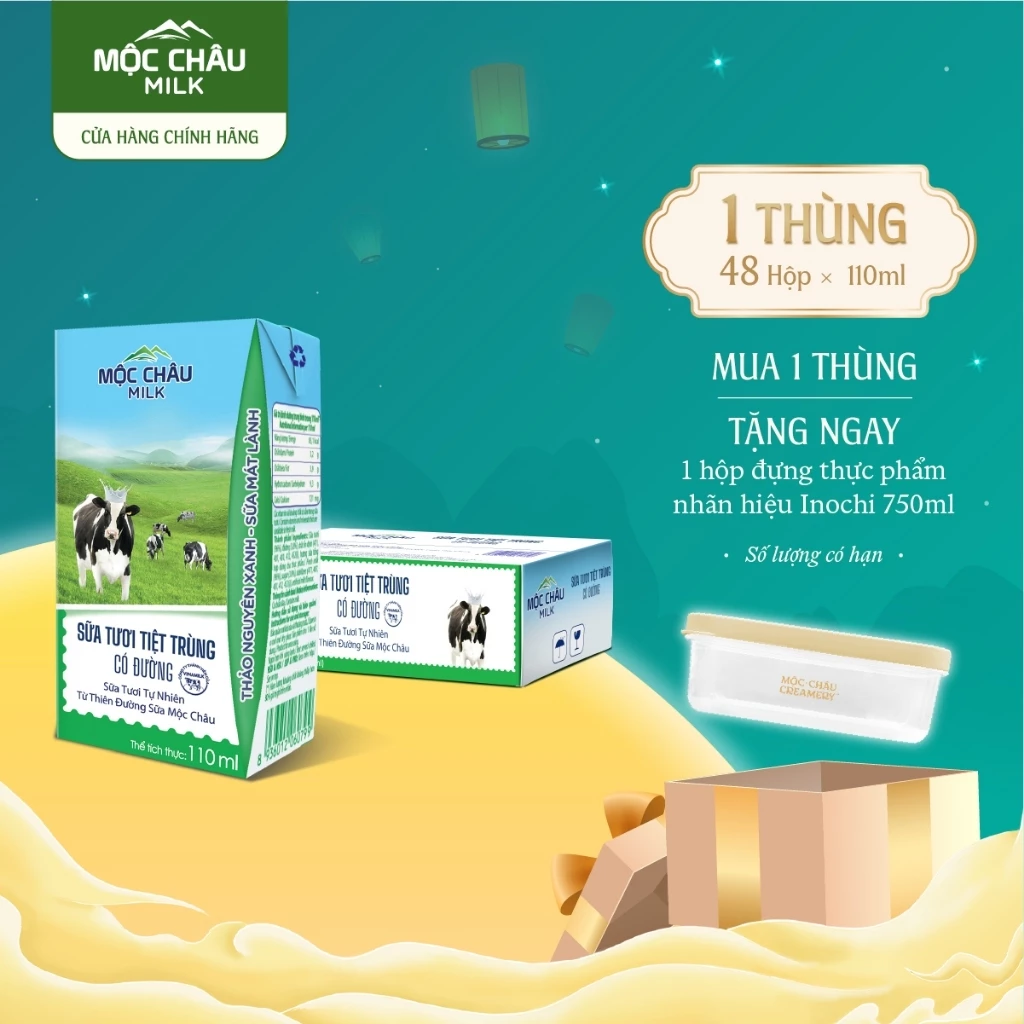 Thùng 48 Hộp 110ml Sữa Tươi Tiệt Trùng Có Đường Mộc Châu Milk