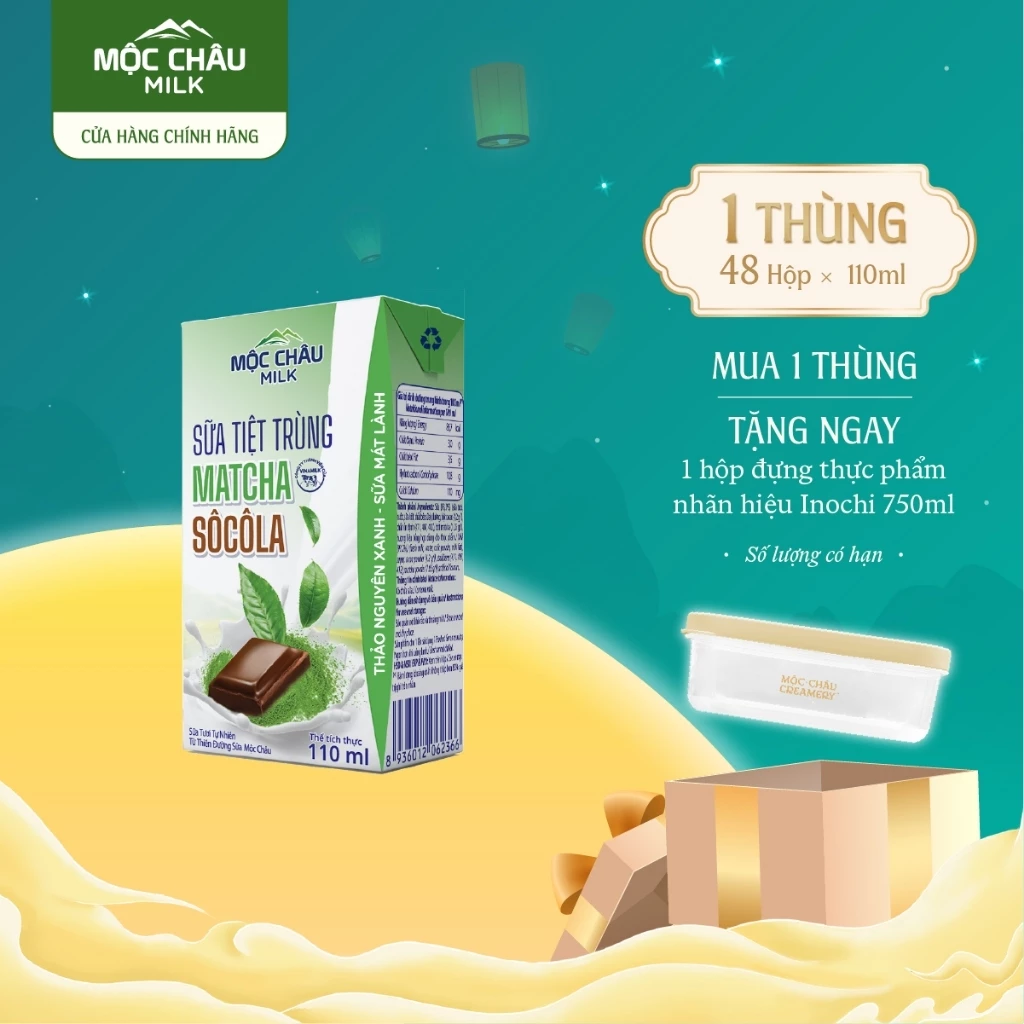 Thùng 48 Hộp 110ml Sữa Tươi Tiệt Trùng Matcha Socola Mộc Châu Milk