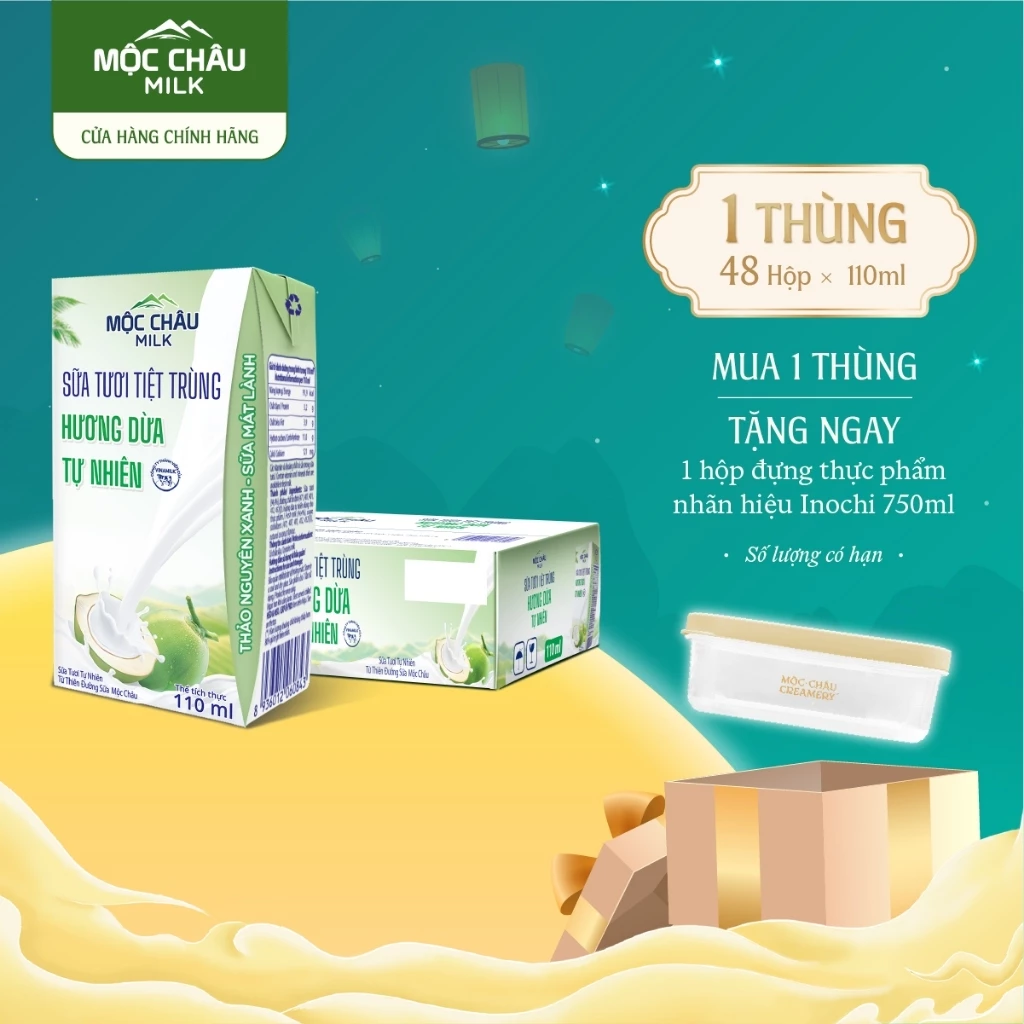 Thùng 48 Hộp 110ml Sữa Tươi Tiệt Trùng Hương Dừa Mộc Châu Milk