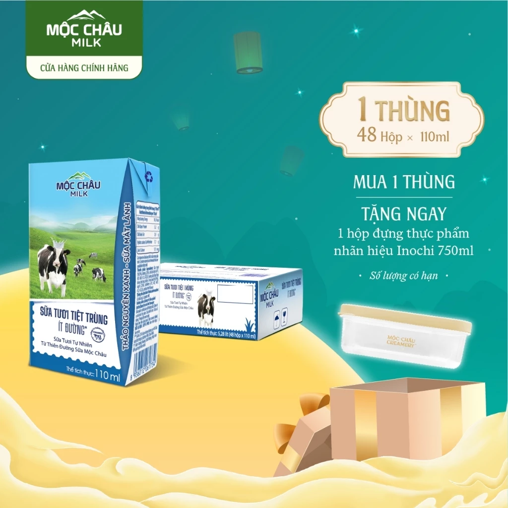 Thùng 48 Hộp 110ml Sữa Tươi Tiệt Trùng Ít Đường Mộc Châu Milk
