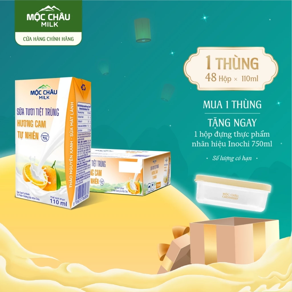 Thùng 48 Hộp 110ml Sữa Tươi Tiệt Trùng Hương Cam Mộc Châu Milk
