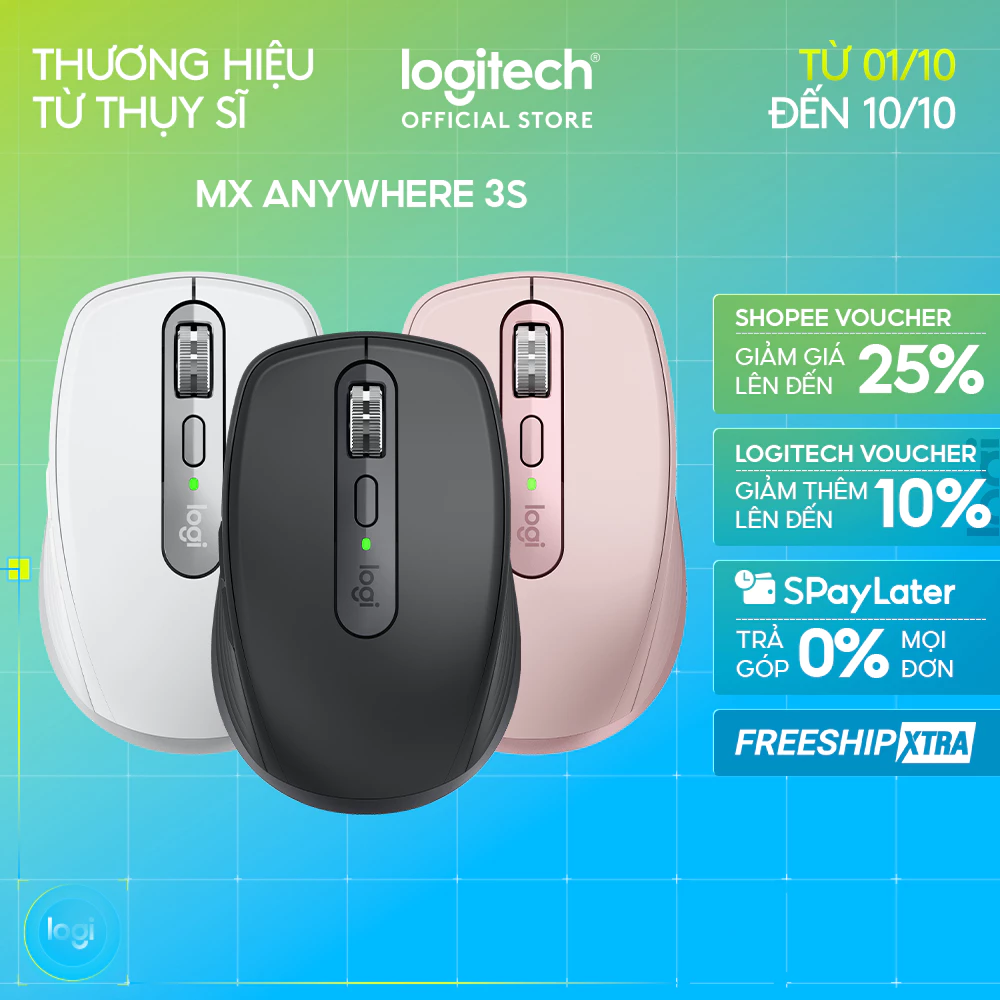 Chuột không dây Logitech MX Anywhere 3S Quiet Clicks - Cuộn nhanh, 8000DPI, Sạc USB C, Bluetooth