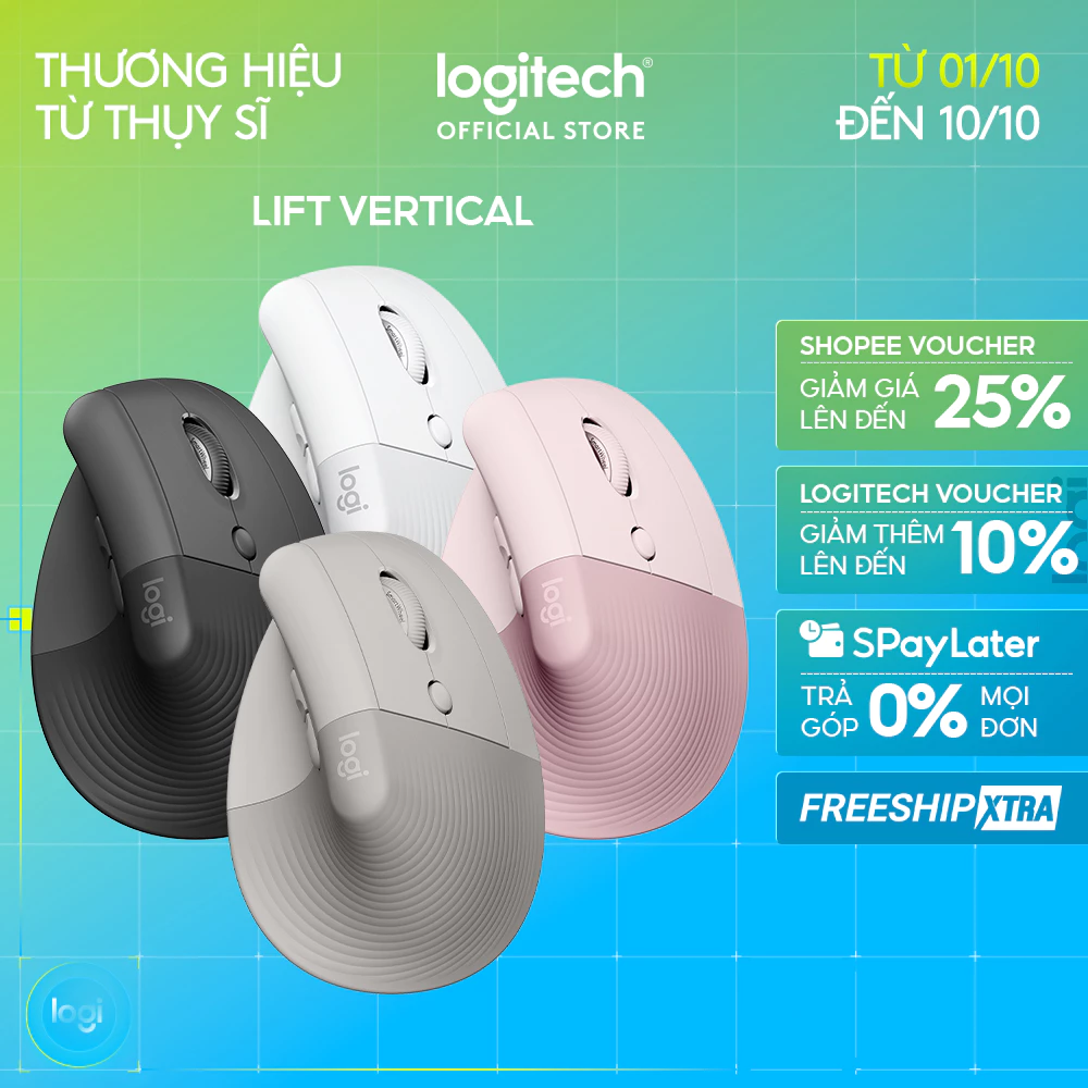 Chuột công thái học không dây Logitech Lift Vertical - Bluetooth | USB, giảm ồn, Win/ Mac