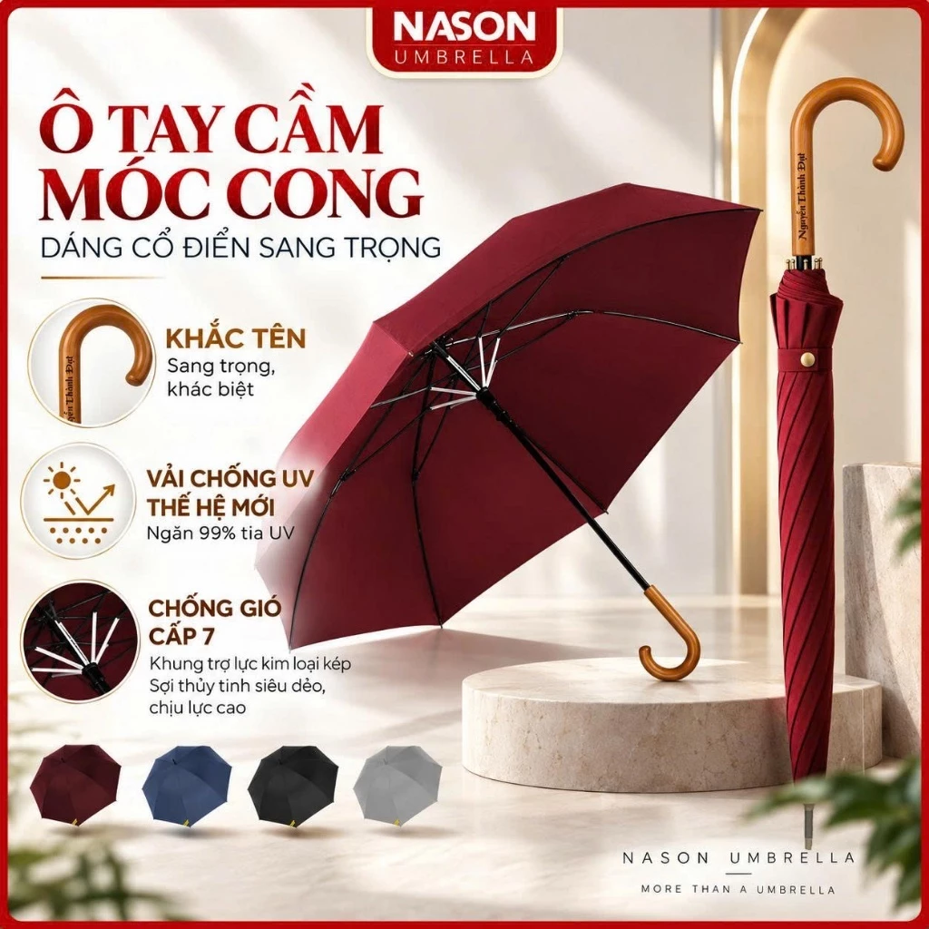 Ô thẳng cao cấp Nason che mưa, chống nắng tay cầm gỗ chữ J sang trọng, vải chống thấm, ngăn 99% UV, tán rộng 120cm