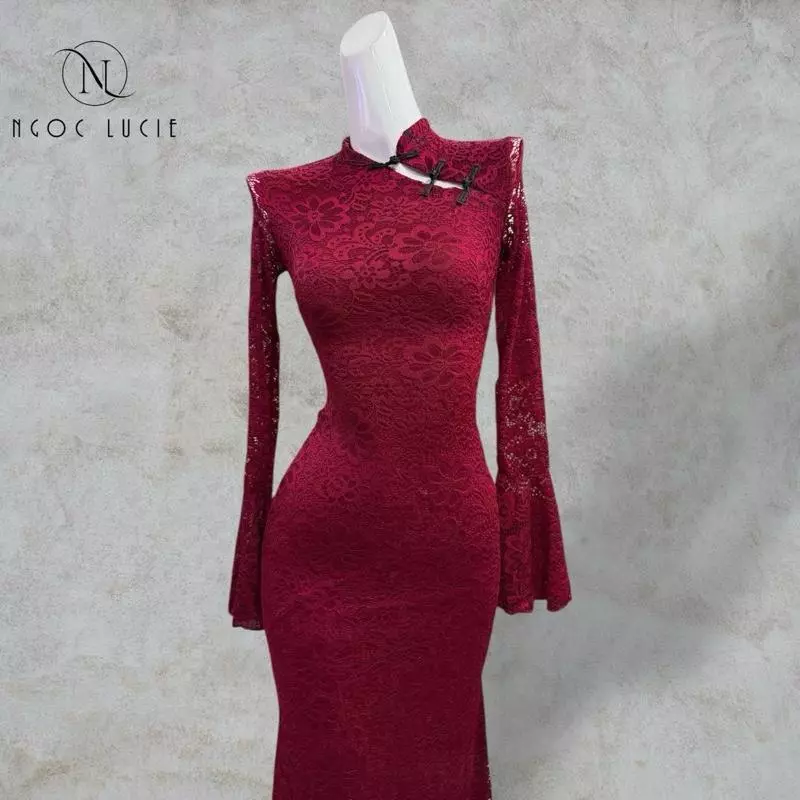 D1082 - Đầm Body Cổ Tàu Tay Loe Vải Ren 2 Lớp Phong Cách Sang Trọng, Cổ Điển Tôn Dáng - Ngọc Lucie