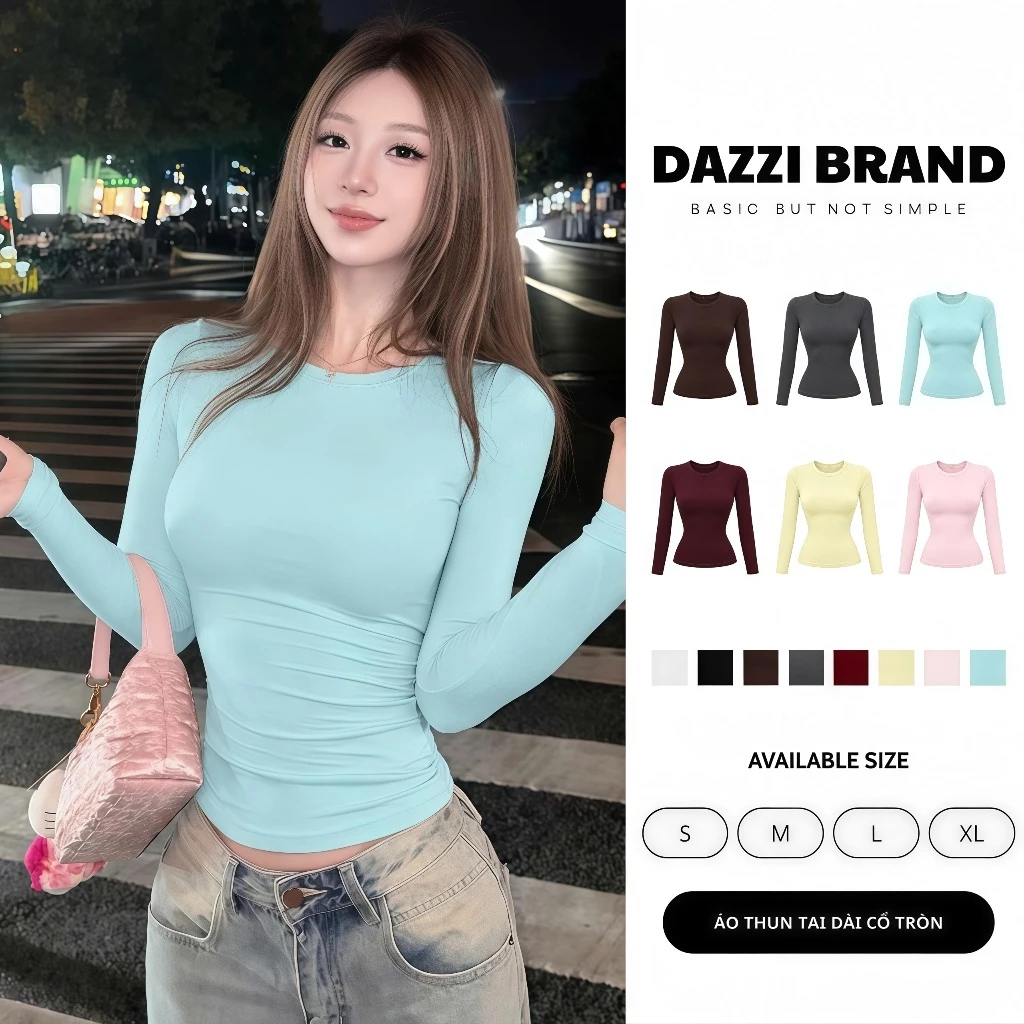 Áo thun nữ cổ tròn tay dài DAZZI,áo thun trơn nữ tay dài form ôm vải cotton lụa mềm mịn co dãn A019D