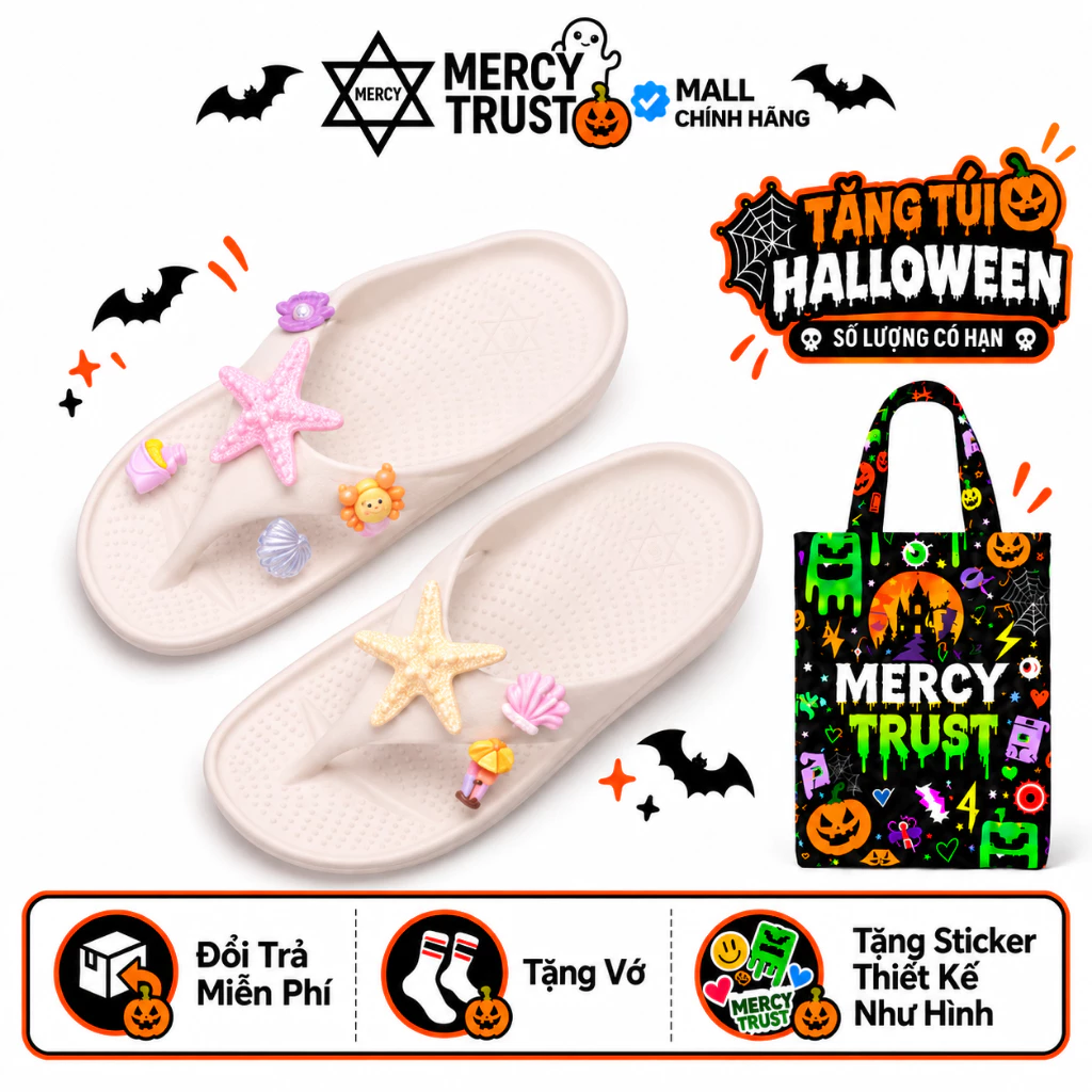 [TẶNG TÚI HALLOWEEN] Kèm Sticker, Vớ - Dép kẹp xỏ ngón MERCY TRUST Cao 4cm Siêu Nhẹ êm –Dép tông EVA nguyên khối