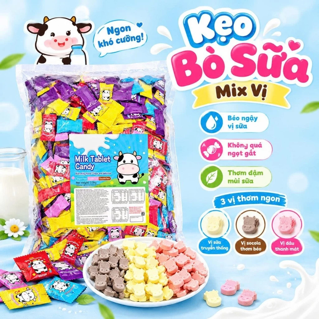 Kẹo Sữa Viên Nén Mông Cổ Mix 3 Vị, Béo Ngậy Thơm Đậm Vị Sữa Bột, Vị Ngọt Nhẹ Không Ngọt Gắt