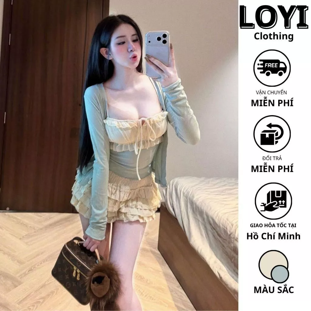 [Hỏa Tốc] Set Nữ 3 Món, Set Áo Hai Dây + Cardigan Dài Tay + Chân Váy Xếp Tầng Bèo Nữ Tính, Tiểu Thư