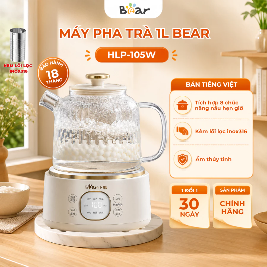 Máy Pha Trà Đa Năng 1L Bear HLP-105W, Đun Nước Sôi, Đa Dạng Chế Độ Nấu, Giữ Ấm -Bảo Hành 18 Tháng