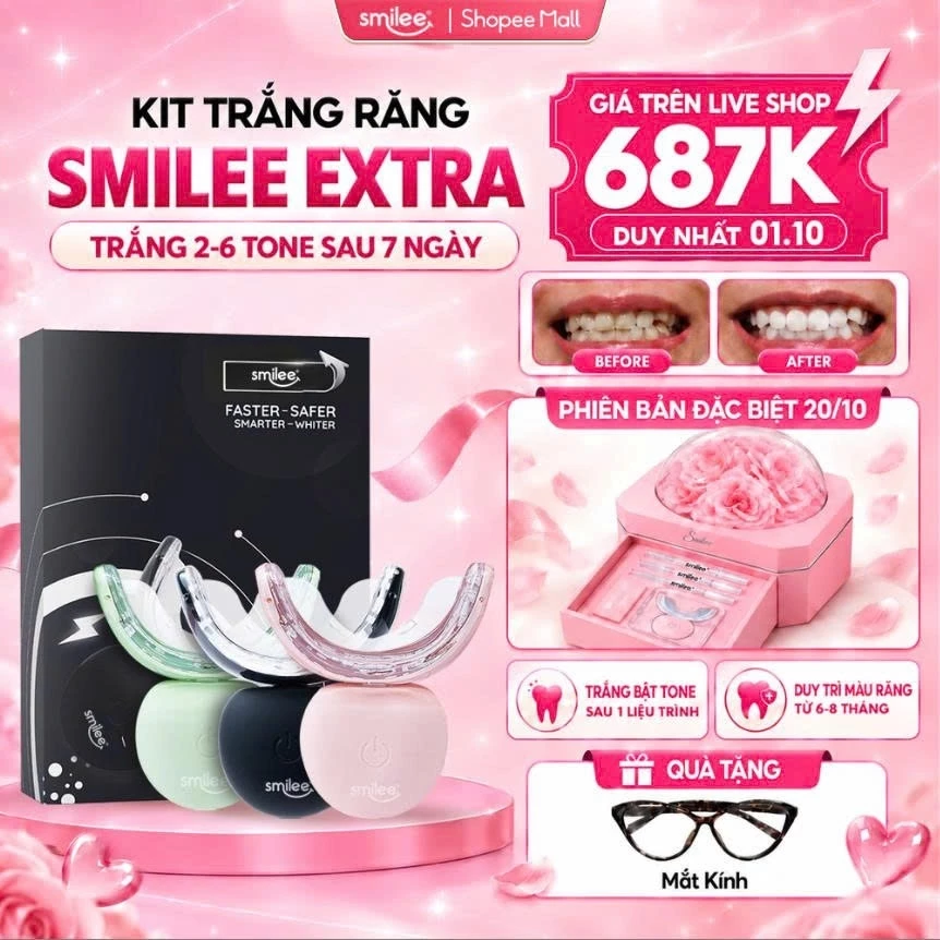 [GIÁ 574K LIVE SHOP] Trắng răng Smilee Extra, kít làm trắng răng từ 2 đến 6 tone sau 5-7 ngày,Quà tặng 20/10 KOC