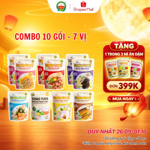 Combo 10 Gói Cháo Tươi Cây Thị: 2 Gà Ác Đậu Xanh, 2 Thịt Bò, 2 Thịt Heo, 1 Cá Hồi, 1 Cá Lóc, 1 Lươn Đậu Xanh, 1 Rau Củ