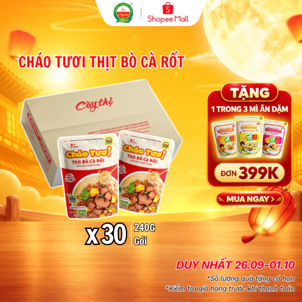 Thùng 30 Gói Cháo Tươi Thịt Bò Cà Rốt Cây Thị 240G/Gói