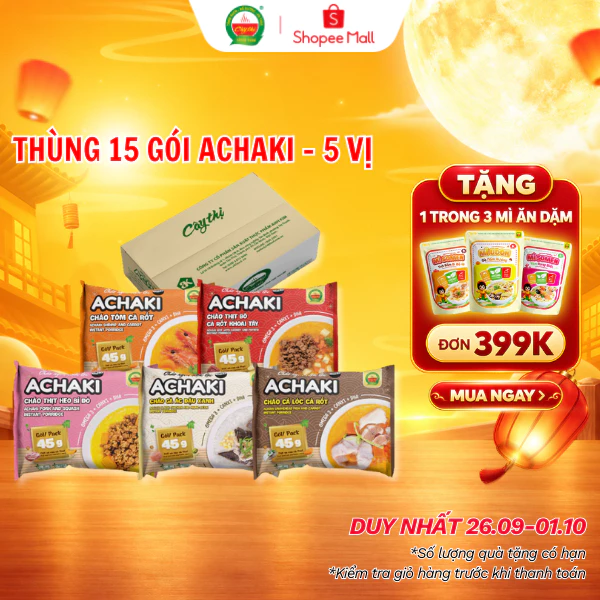 Thùng 15 Gói Cháo Ngon Tiện Lợi Achaki - 5 Vị Mỗi Vị 3 Gói