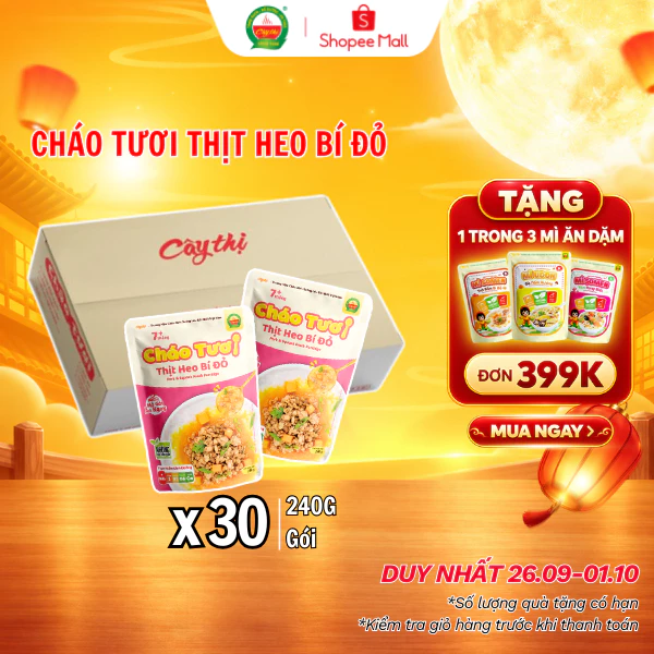 Thùng 30 Gói Cháo Tươi Thịt Heo Bí Đỏ Cây Thị 240G/Gói