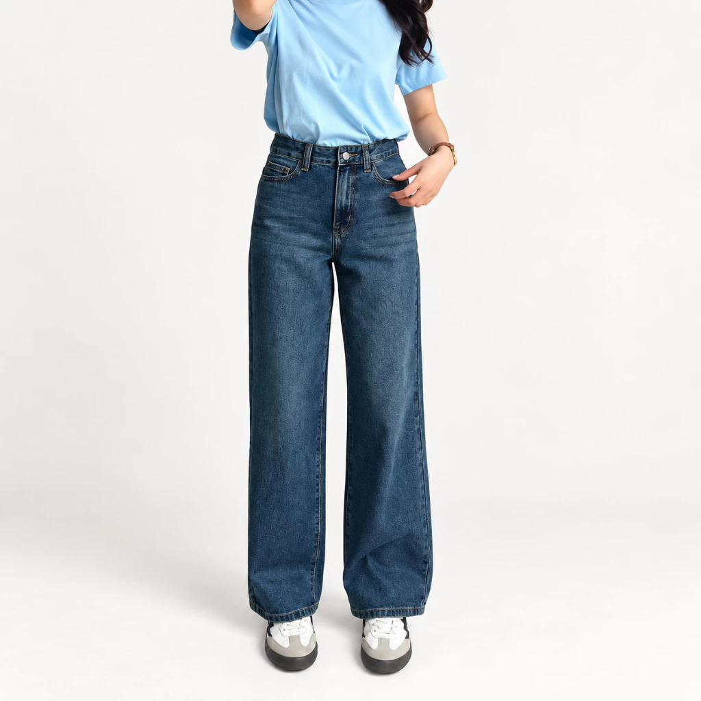 Quần Jeans Nữ Ống Rộng REDE L-03B, Lưng Cạp Cao, Màu Xanh Trầm Ánh Rêu, Có Wash Hông/Đùi/Mông, Không Co Giãn