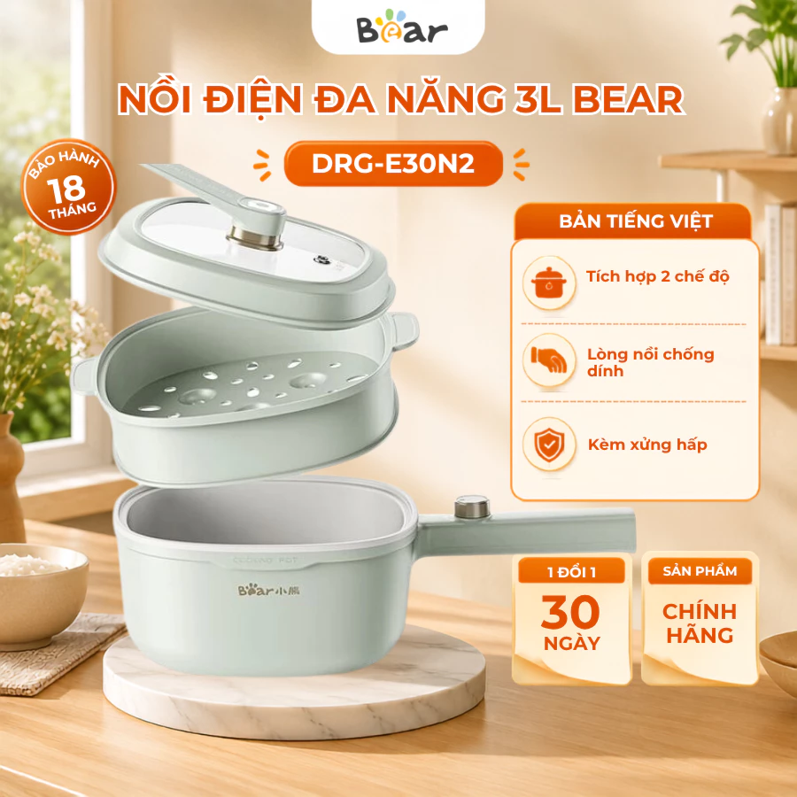 Nồi điện đa năng 3L Bear DRG-E30N2, Kèm Lồng Hấp,1000W, 2 Chế độ nấu, Cho 3 người ăn, BH 18 Tháng
