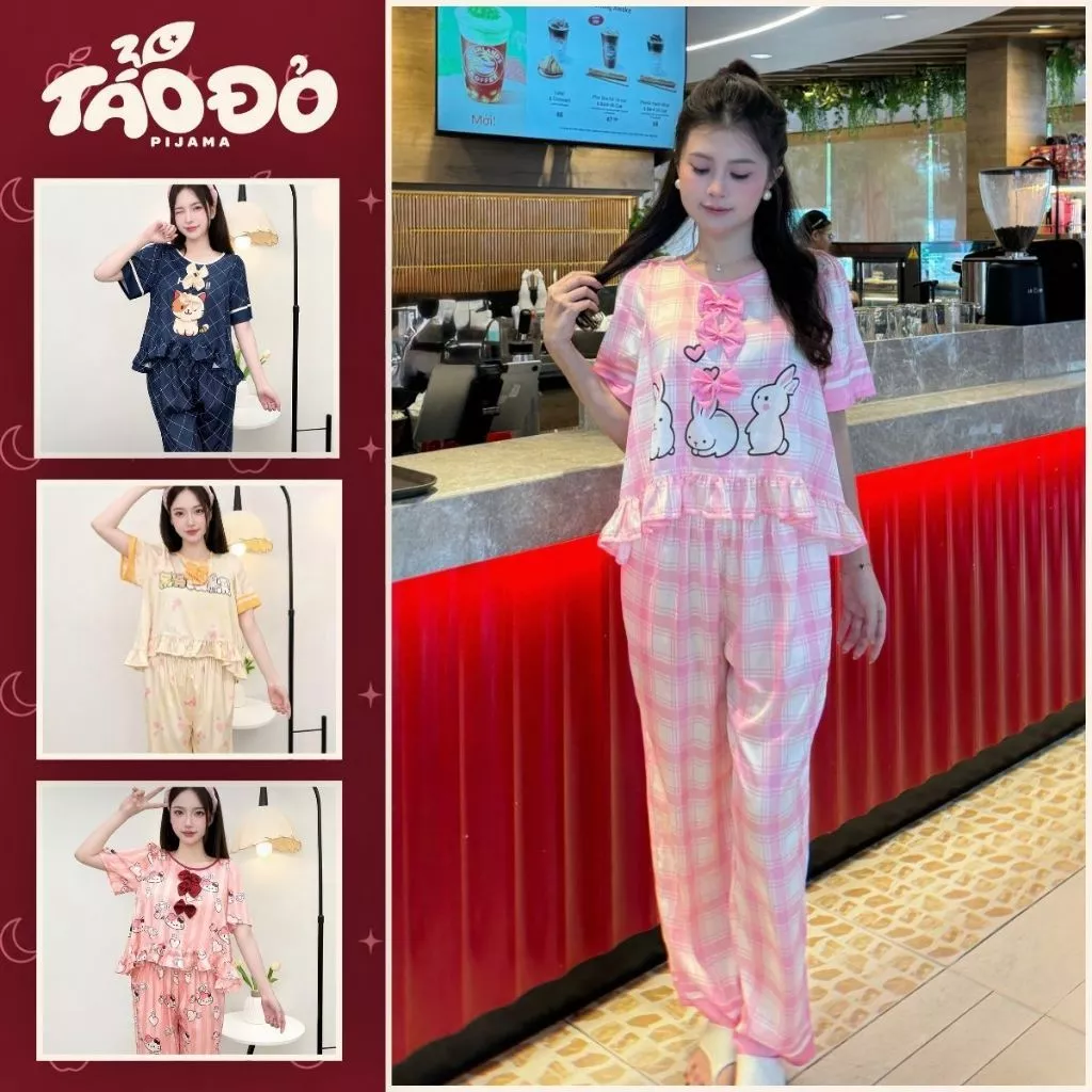 [ẢNH THẬT] BỘ ĐỒ NGỦ NỮ H5 LATIN LỤA HAI NƠ BÈO DÀI TAY NGẮN QUẦN NGẮN HỌA TIẾT DỄ THƯƠNG FREE SIZE 40-65KG