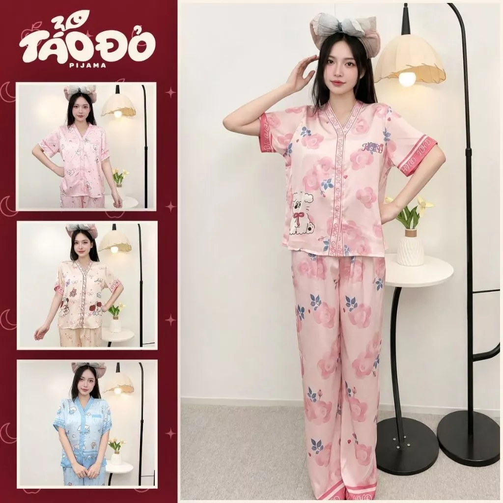 Bộ Đồ Ngủ Nữ Pijama H10 Tay Ngắn Quần Dài Lụa Satin Mềm Mịn Họa Tiết Hoạt Hình Style Hàn Quốc